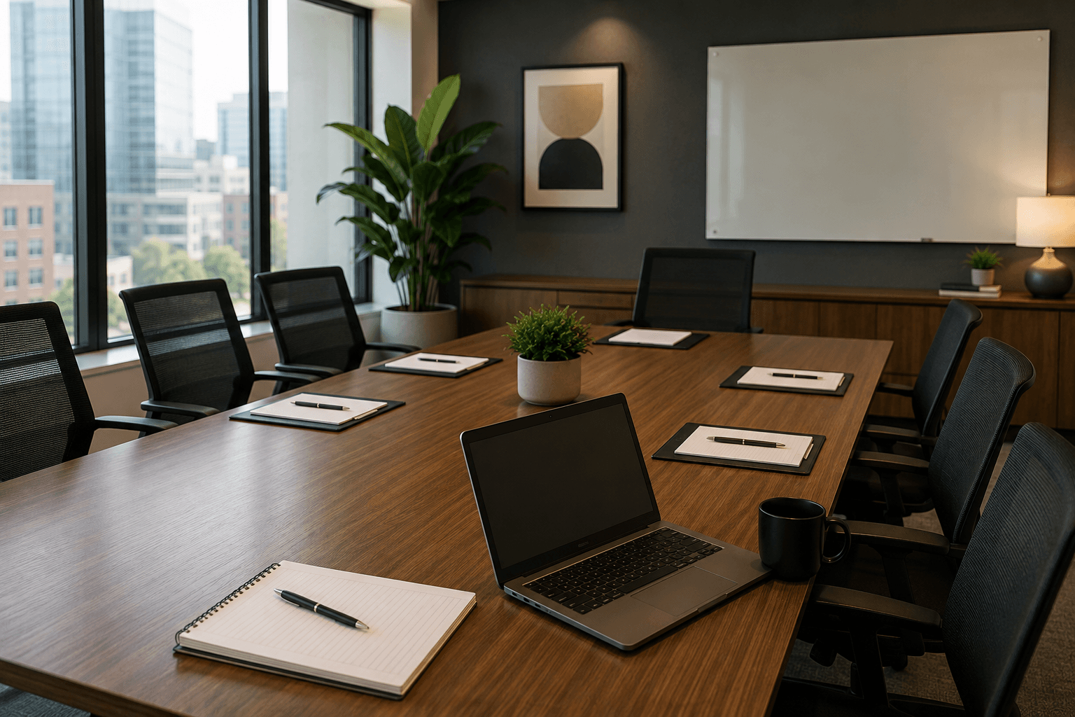 An empty conference room prepared for organization-sponsored coaching sessions