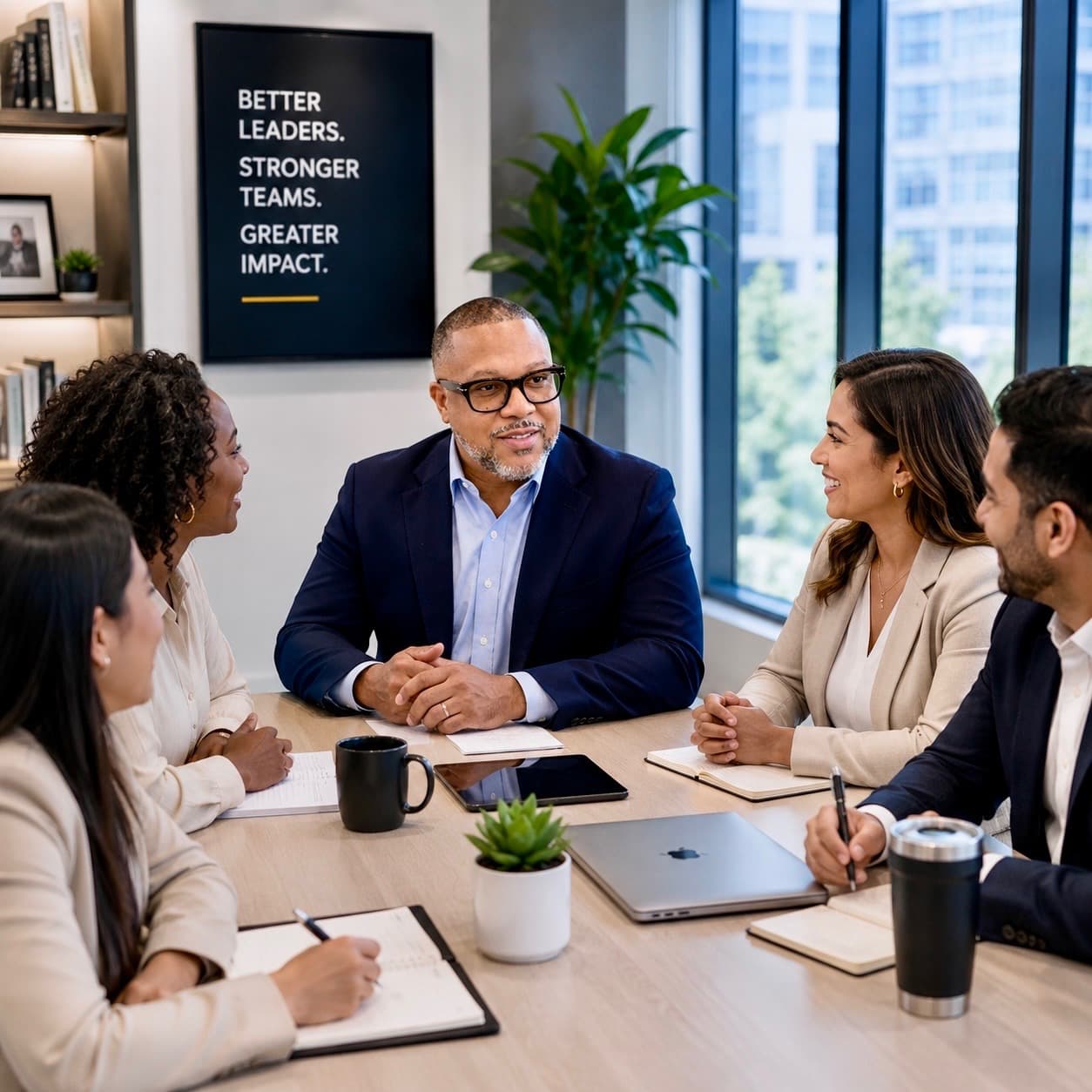 A leader facilitating a strategic planning session with a diverse professional team