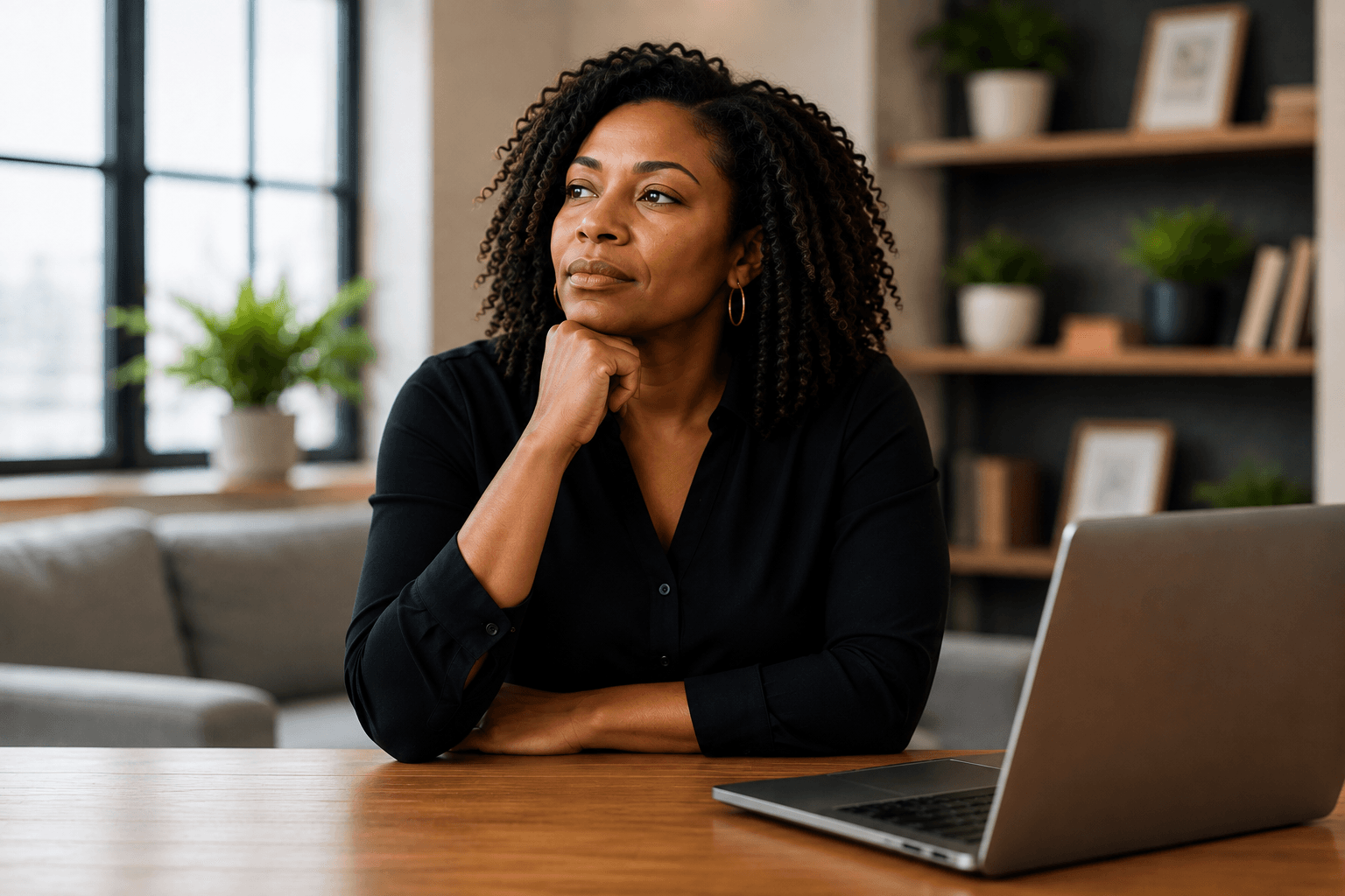Parent working through a decision at her desk